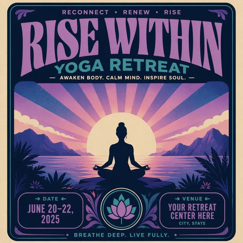 Vintage 1960s-style yoga retreat poster with a sunrise scene, cool neon colors, and clean placeholder event text.