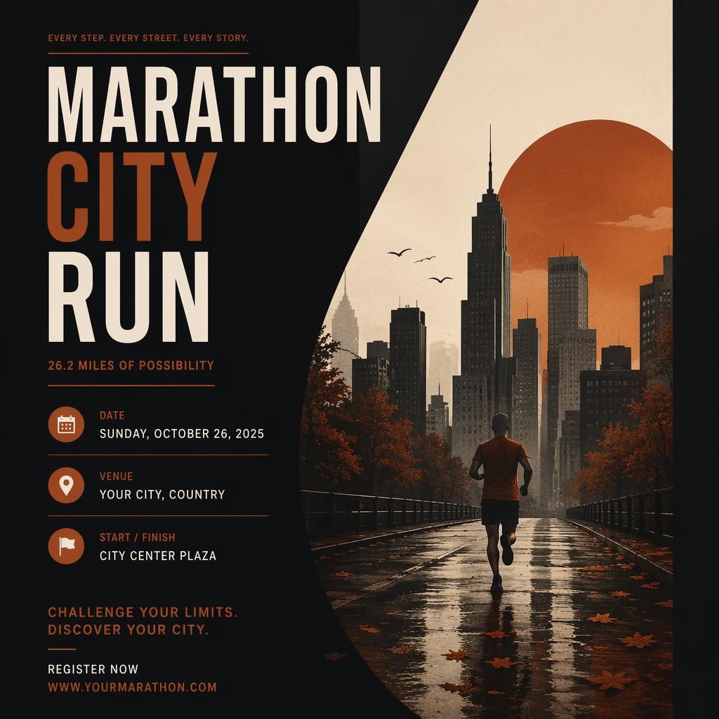 Minimalist Swiss-style marathon city run event poster in a dark autumn rust palette with clean English date and venue placeholders.