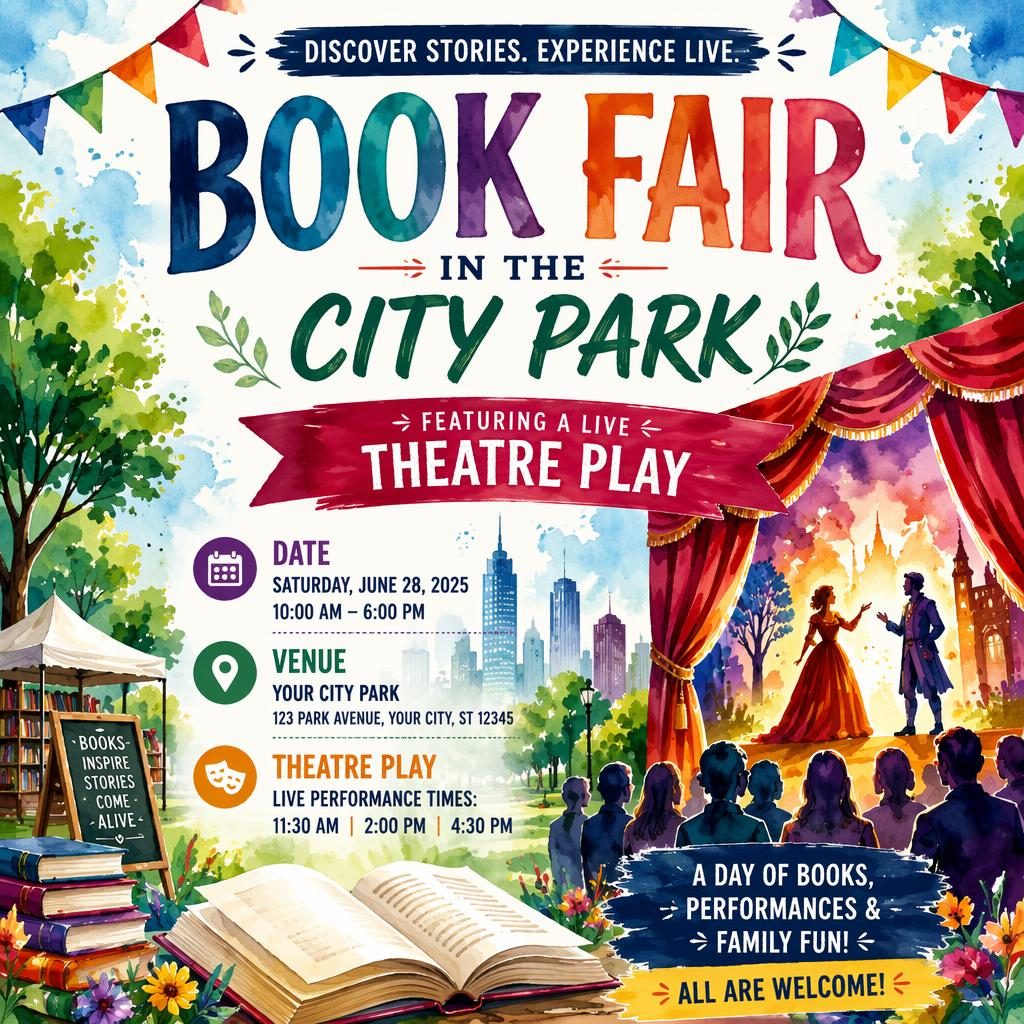 Watercolor event poster for a theatre play at a city park book fair with bold festive colors and sharp placeholder text.