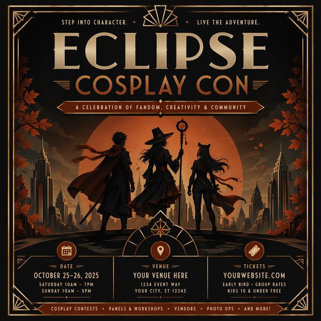 Art deco luxury event poster for a cosplay convention sports event in dark autumn rust tones with clean date and venue text.