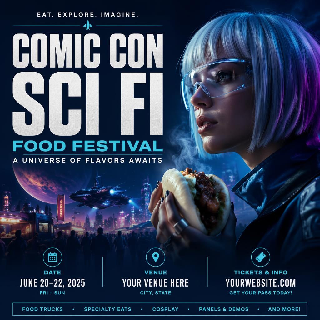 Photographic sci-fi food festival event poster with neon blue overlay, futuristic cuisine imagery, and sharp English placeholder text.