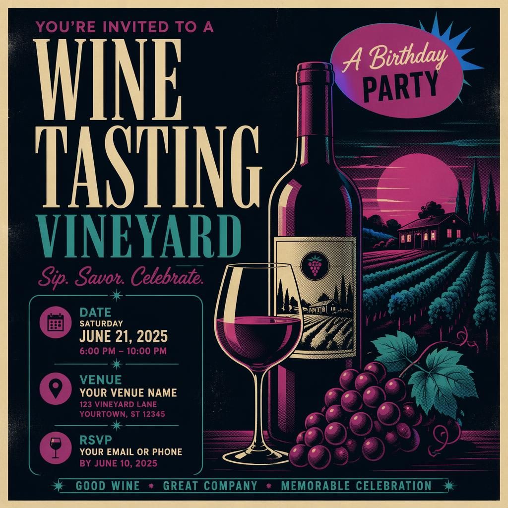 Vintage 1960s-style event poster for a wine tasting vineyard birthday party with neon colors, elegant typography, and placeholder date and venue text.