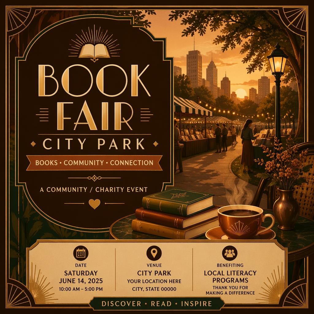 Affiche Art déco d’un salon du livre au parc, tons café au coucher du soleil, typographie anglaise nette et ambiance cosy