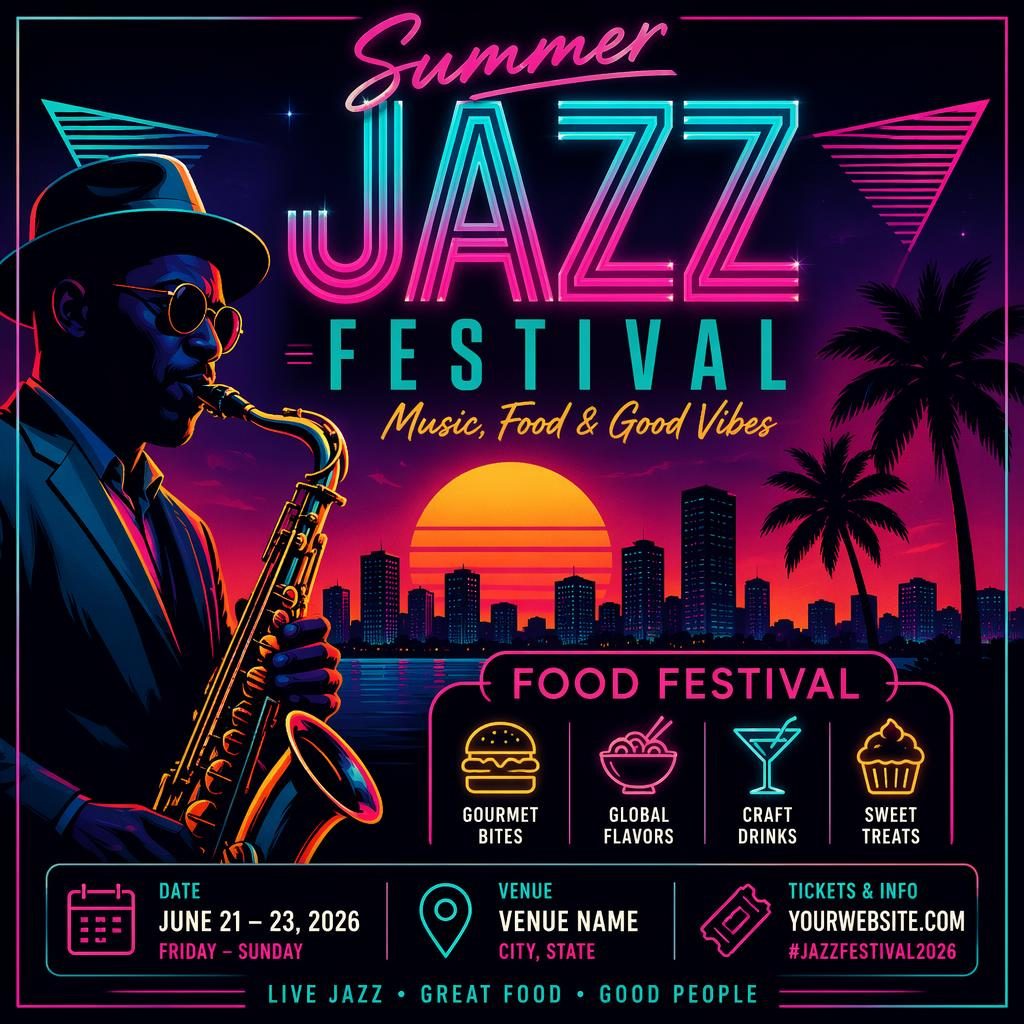 Retro 1980s neon event poster for a summer jazz food festival with clean English placeholder text, cool neon colors.