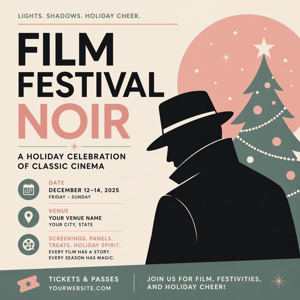 Minimalist Swiss-style holiday film festival noir poster in soft pastel colors with clean English date and venue placeholders.