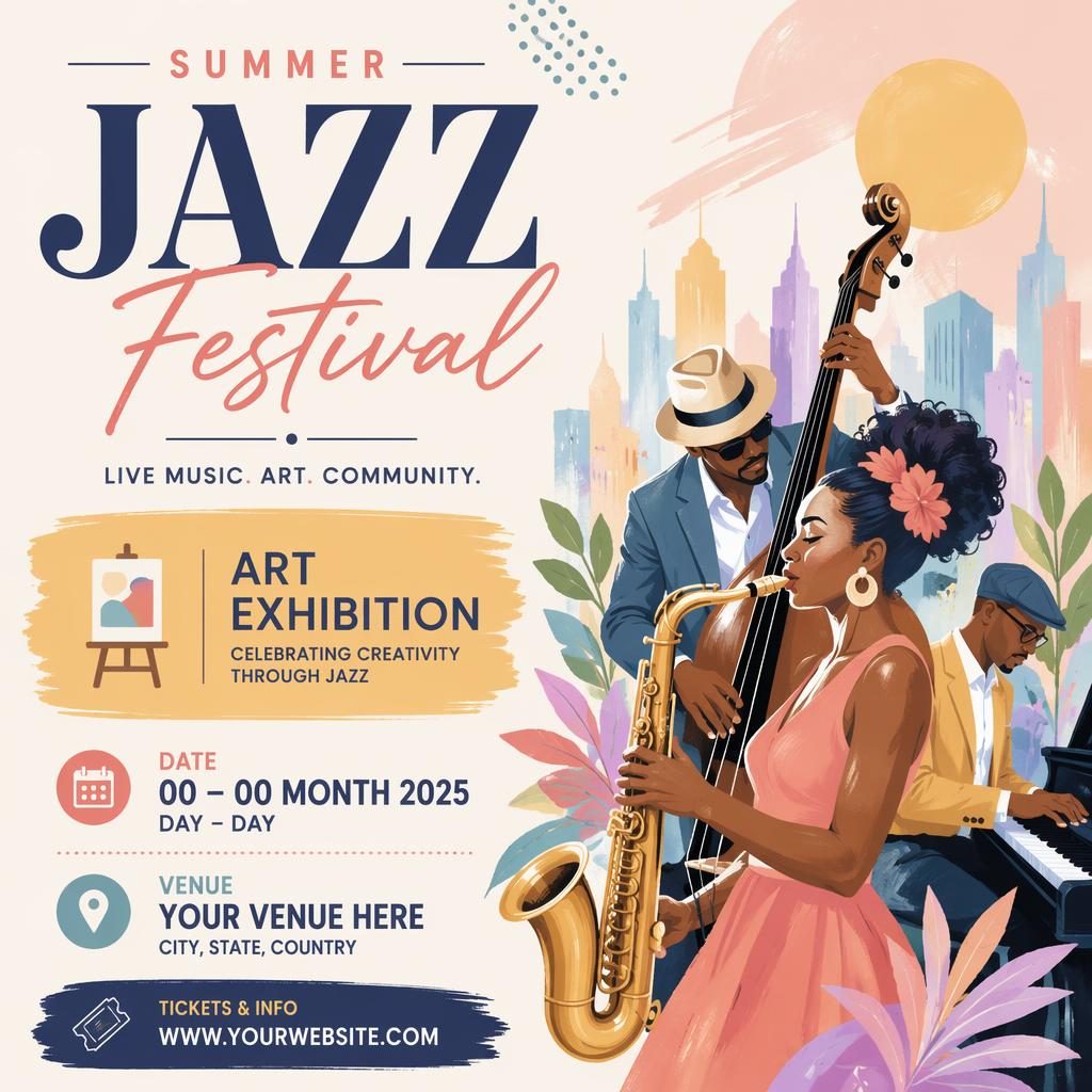 Modern editorial event poster for Jazz Festival Summer with pastel palette, joyful mood, and clean date and venue placeholders.