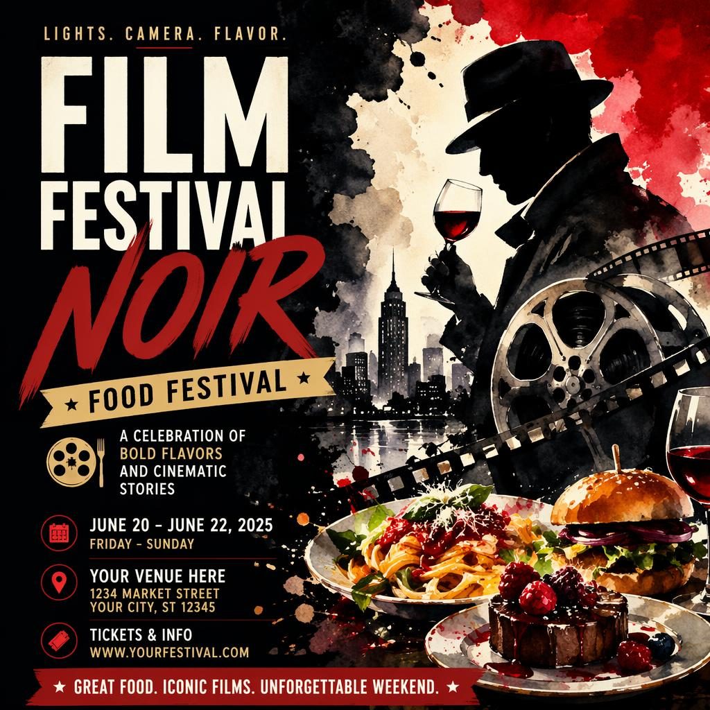 Watercolor event poster with noir film festival mood, bold high-contrast colors, festive food festival imagery, and clean placeholder text.
