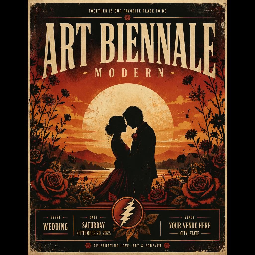Grunge-style wedding event poster with warm sunset tones, cozy intimate mood, and clean placeholder text for name, date, and venue.