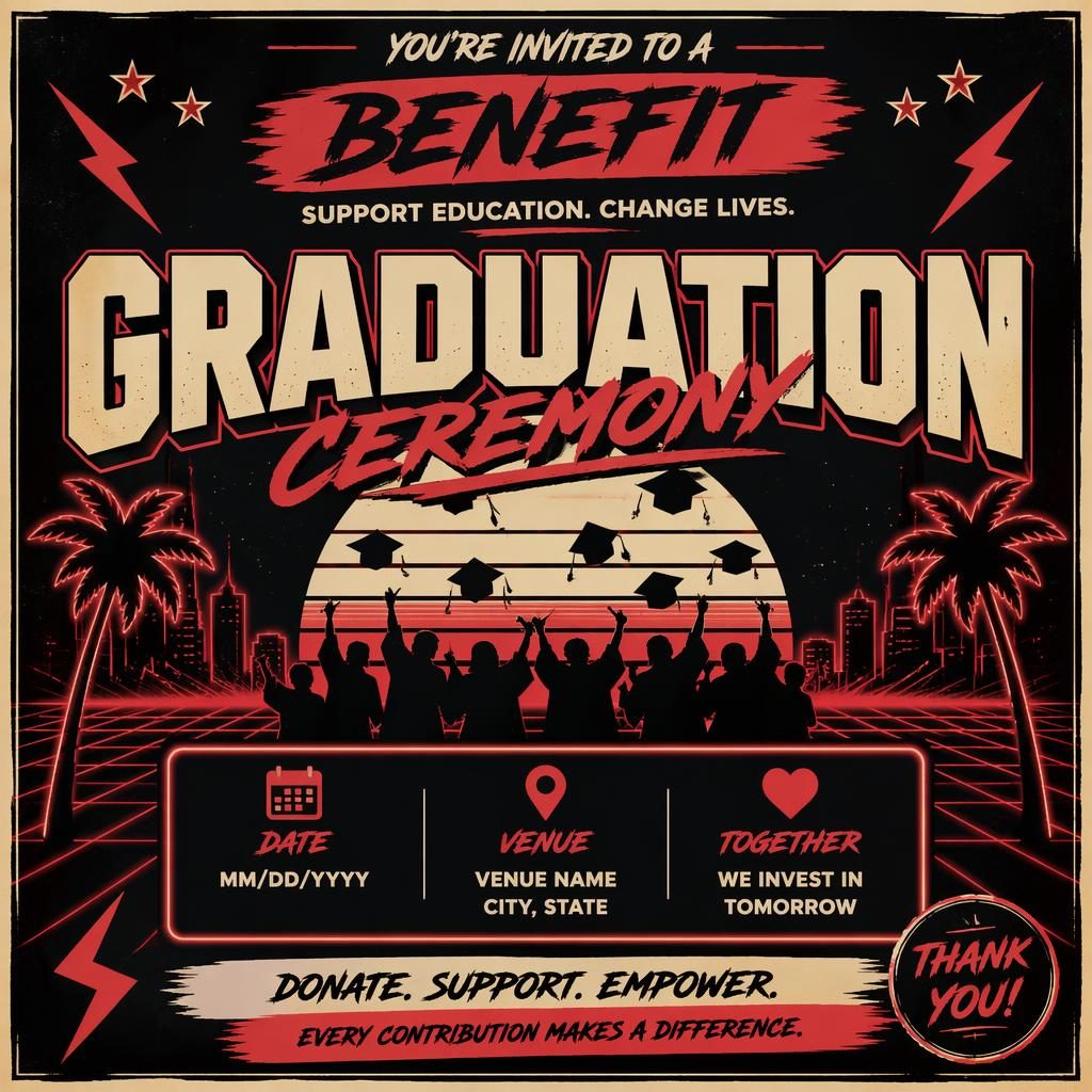 Retro 1980s neon event poster for a graduation ceremony with cream and red tones, bold typography, and clean date and venue placeholders.