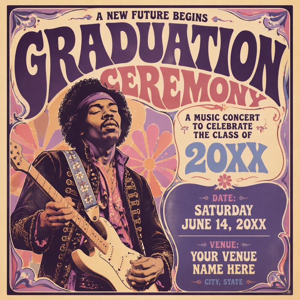 Vintage 1960s-inspired graduation concert poster with pastel colors, joyful mood, and clean event name, date, and venue text