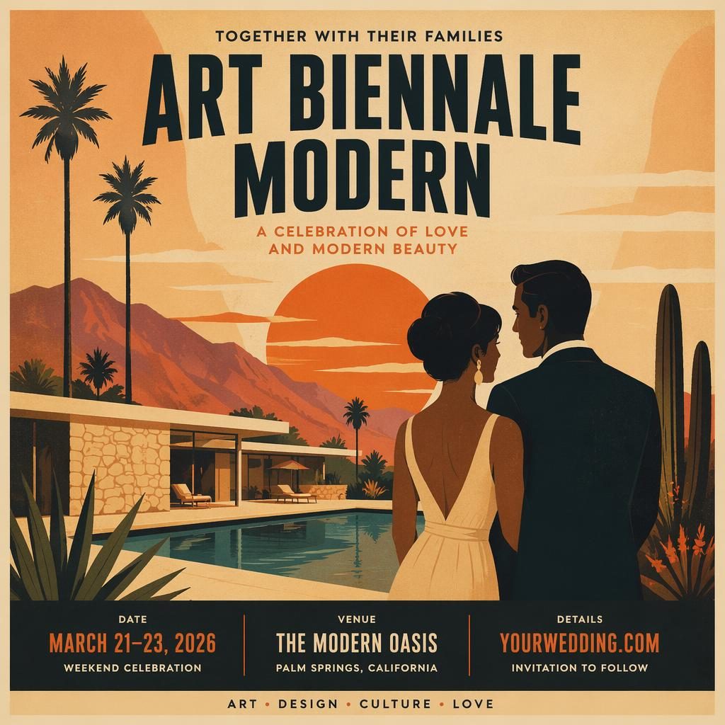 Vintage 1960s-style wedding event poster with warm sunset colors, cozy intimate mood, and clean placeholder text for name, date, and venue.
