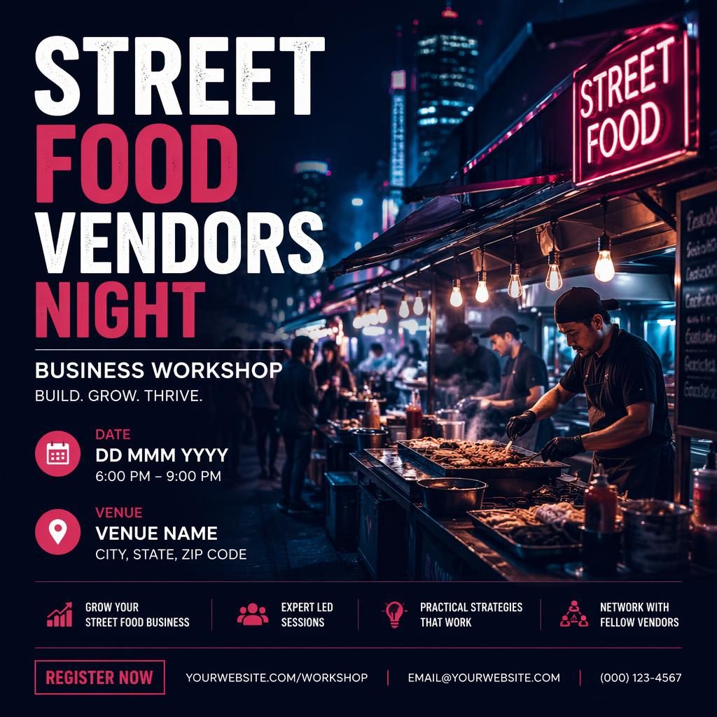 Photographic event poster of a night street food market with neon lighting, clean workshop text placeholders, and formal layout