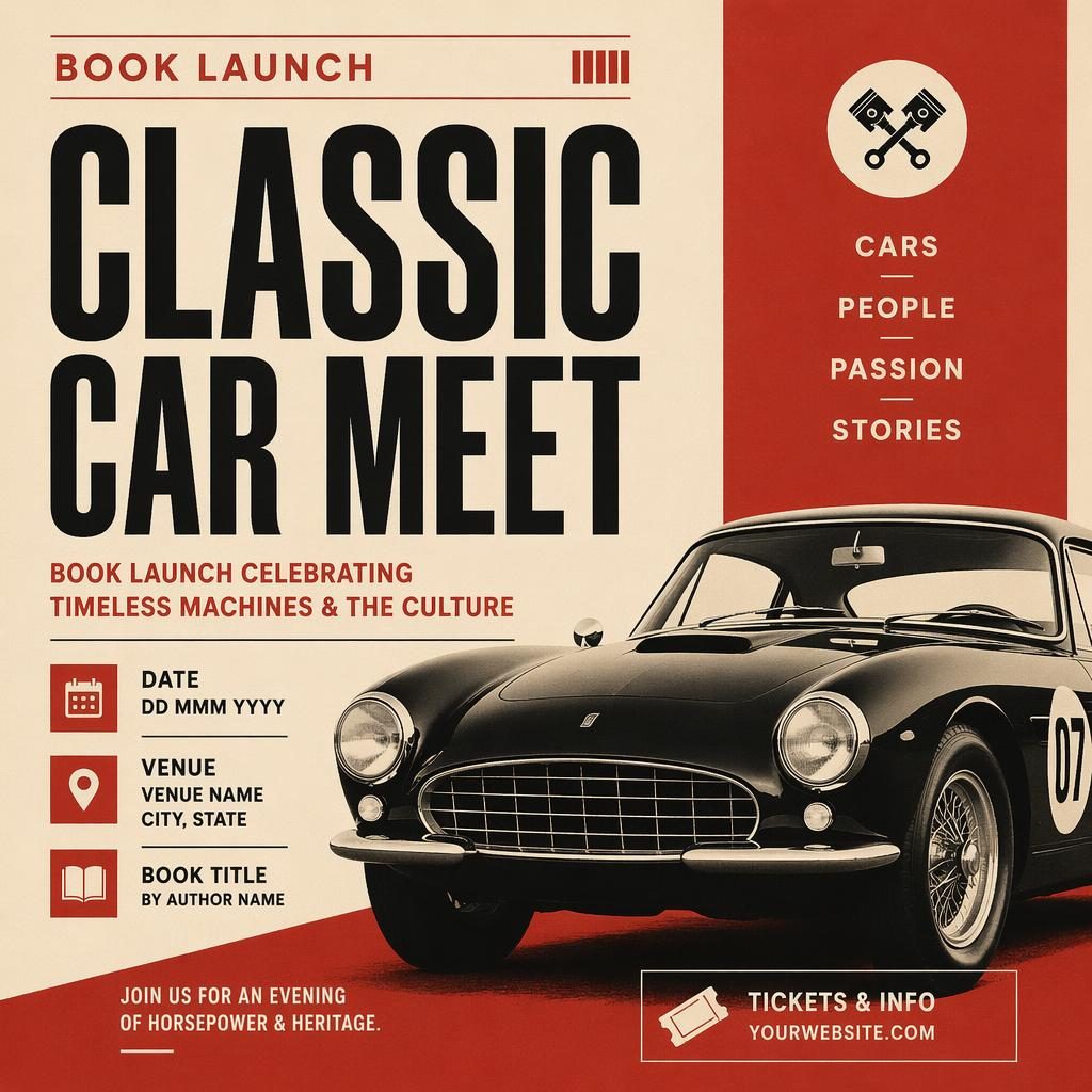 Minimalist Swiss-style event poster for a classic car meet book launch in vintage cream and red with bold typography placeholders.