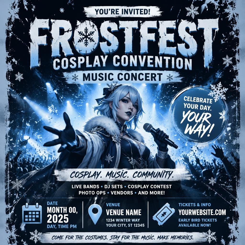 Grunge-style winter event poster for a cosplay convention music concert with icy blue tones and sharp placeholder text.