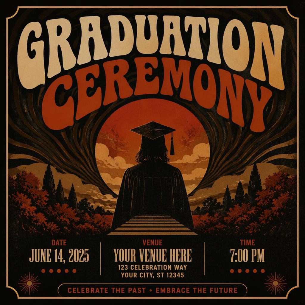 Vintage 1960s-style graduation ceremony event poster with a dark mysterious mood, rust autumn palette, and clean placeholder text.