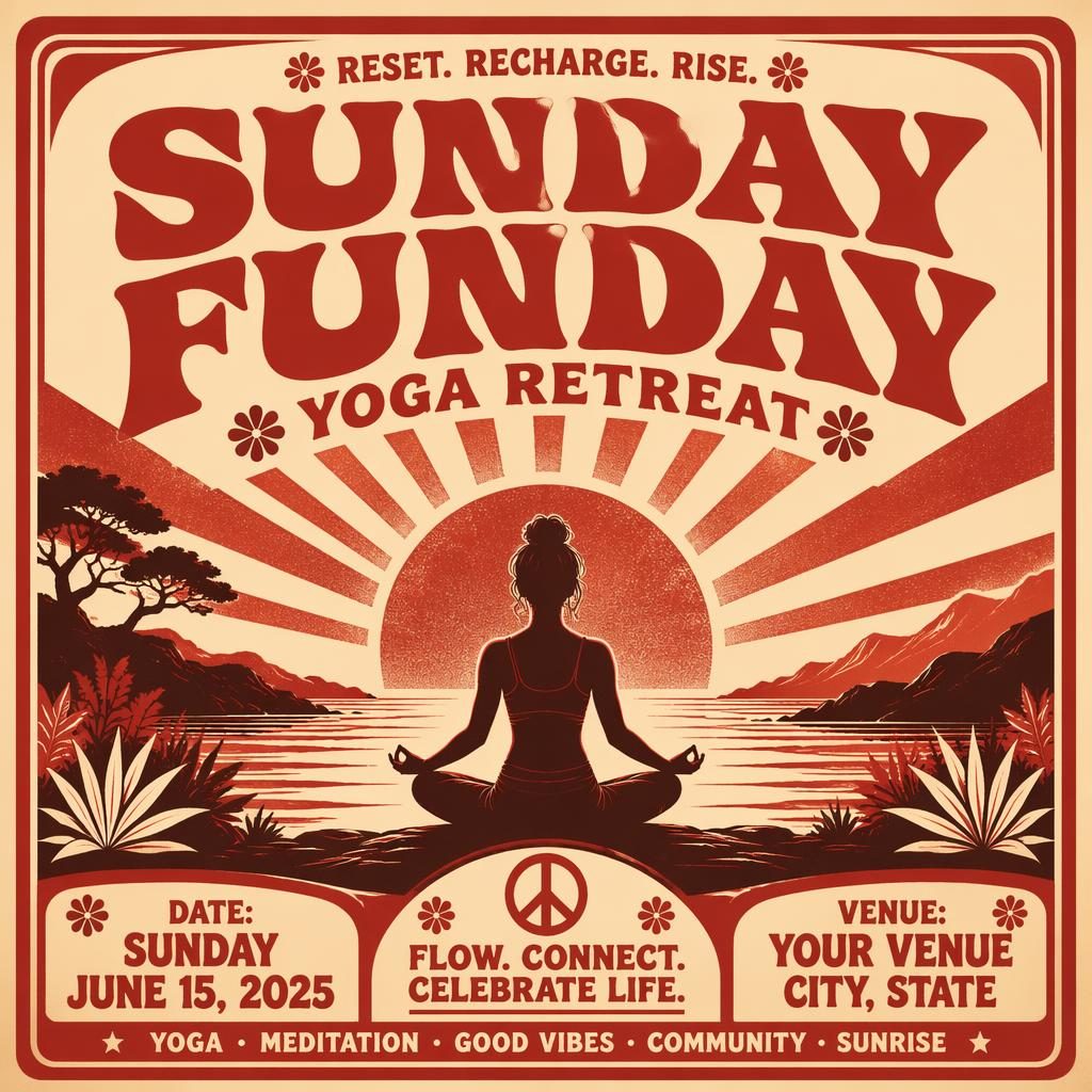 Vintage 1960s-style event poster for a yoga retreat at sunrise in cream and red, with bold typography and clean placeholders.