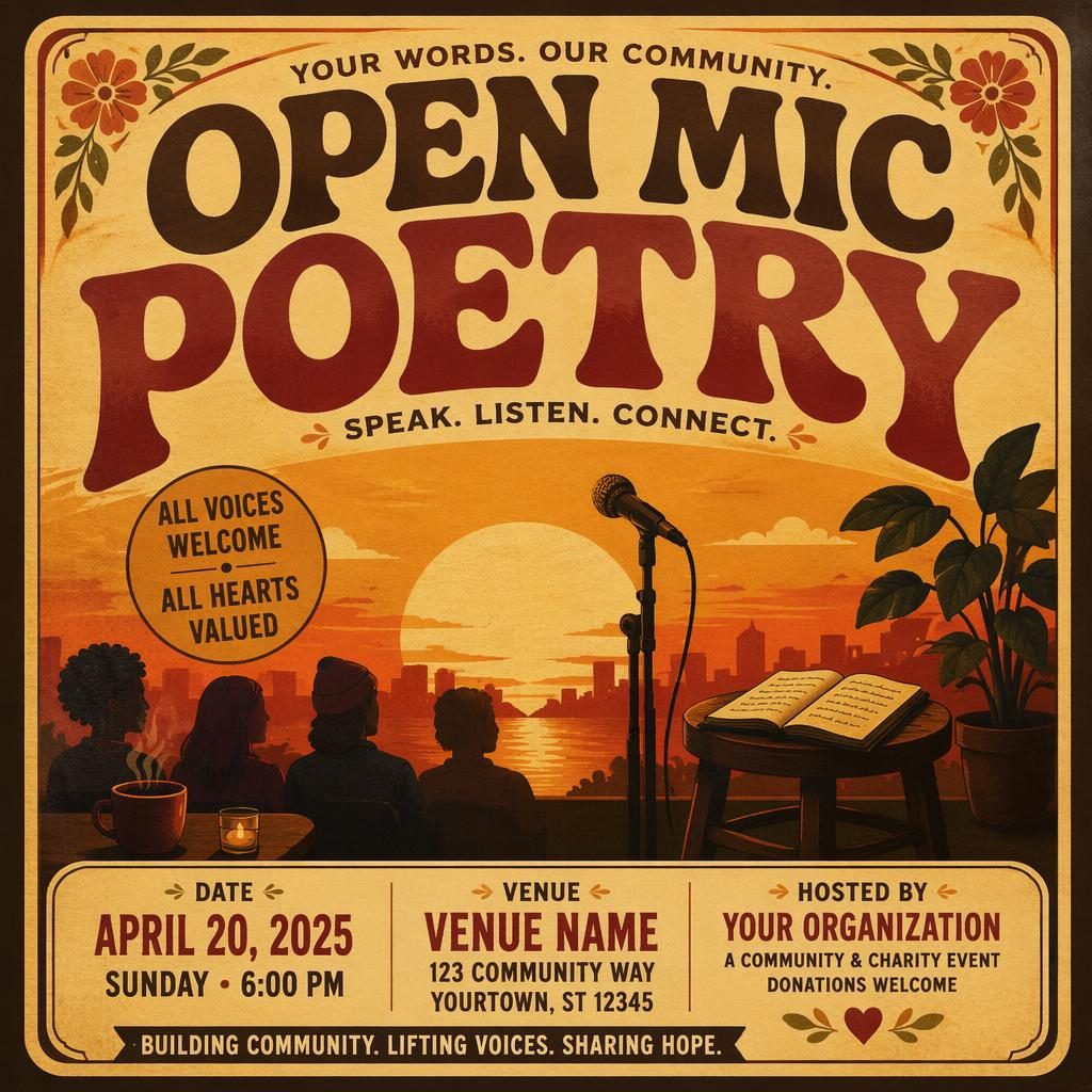Vintage 1960s-style open mic poetry event poster with warm sunset colors, cozy intimate mood, and clean placeholder text.
