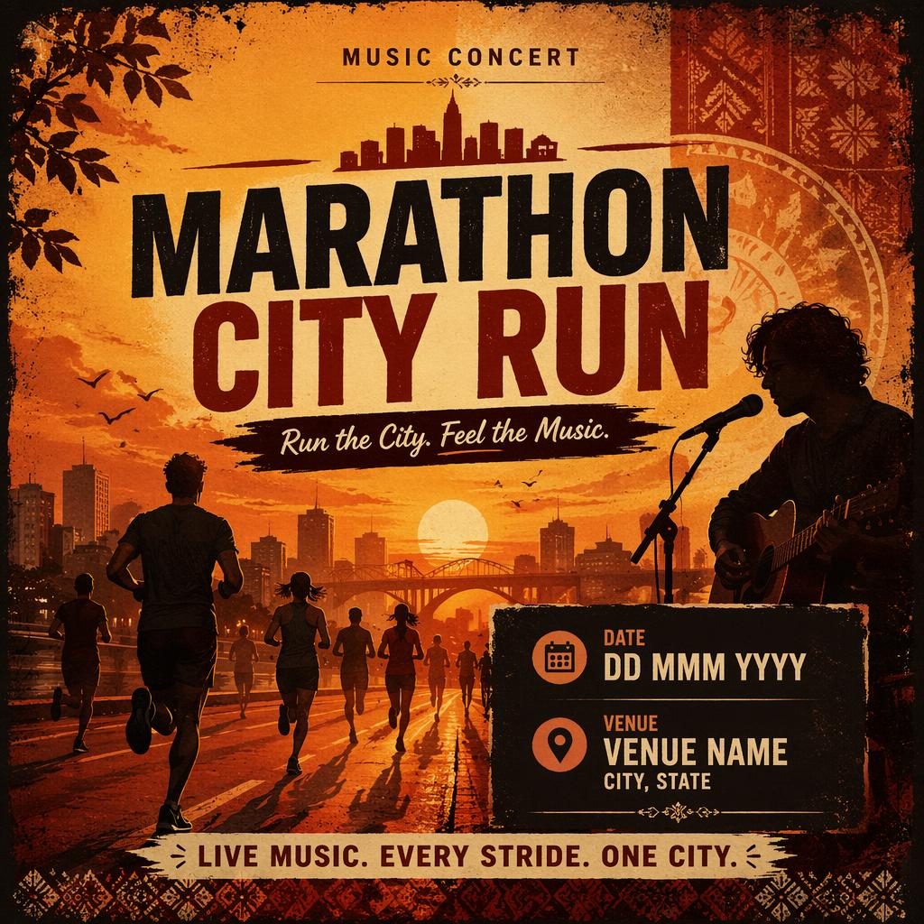 Grunge-style event poster for Marathon City Run music concert with warm sunset tones, cozy mood, and sharp venue text.