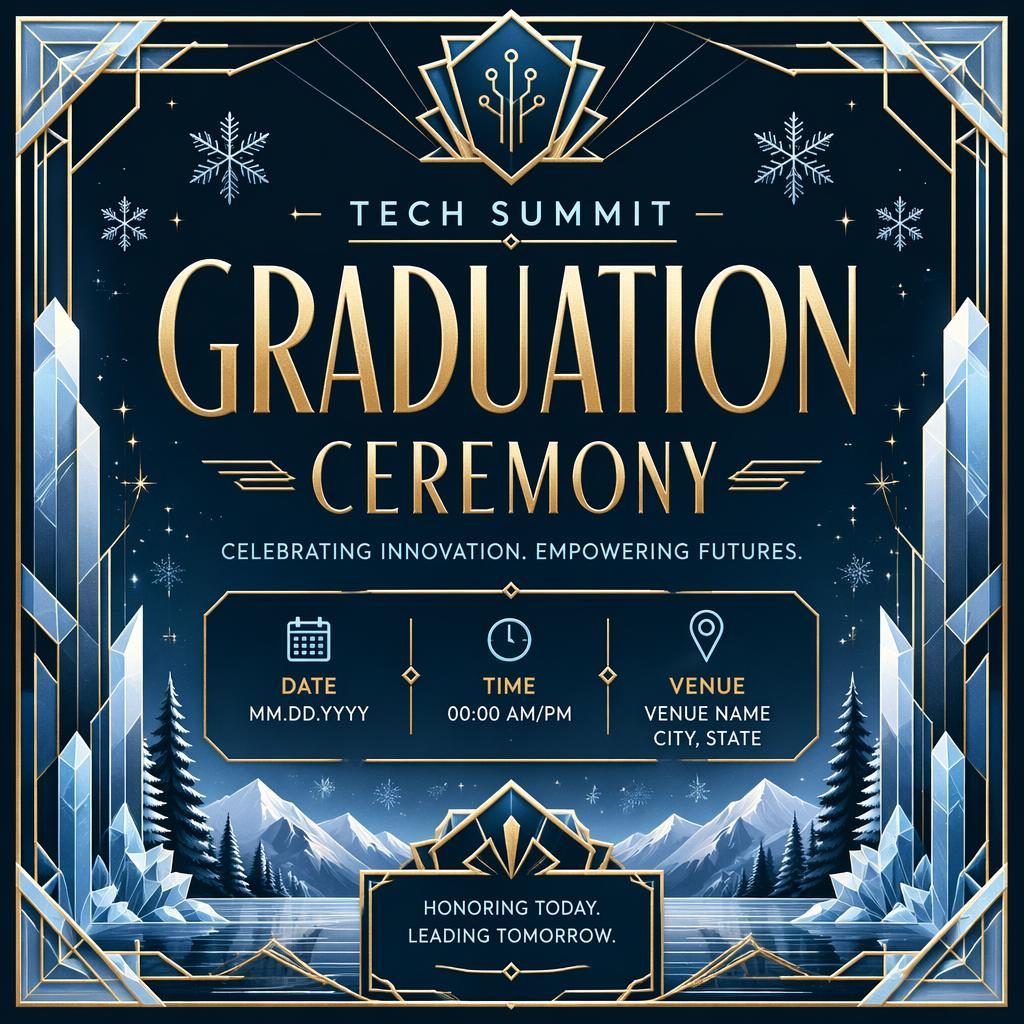 Art deco luxury event poster for a graduation ceremony tech conference in a winter ice palette with sharp placeholder text.