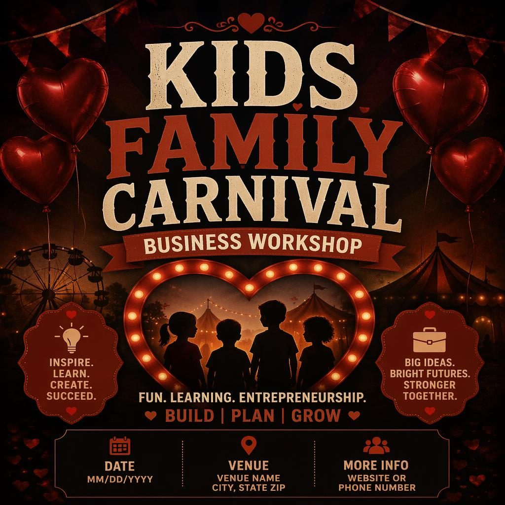 Dark mysterious event poster with bold typography, autumn rust colors, and clean placeholder text for kids family carnival.