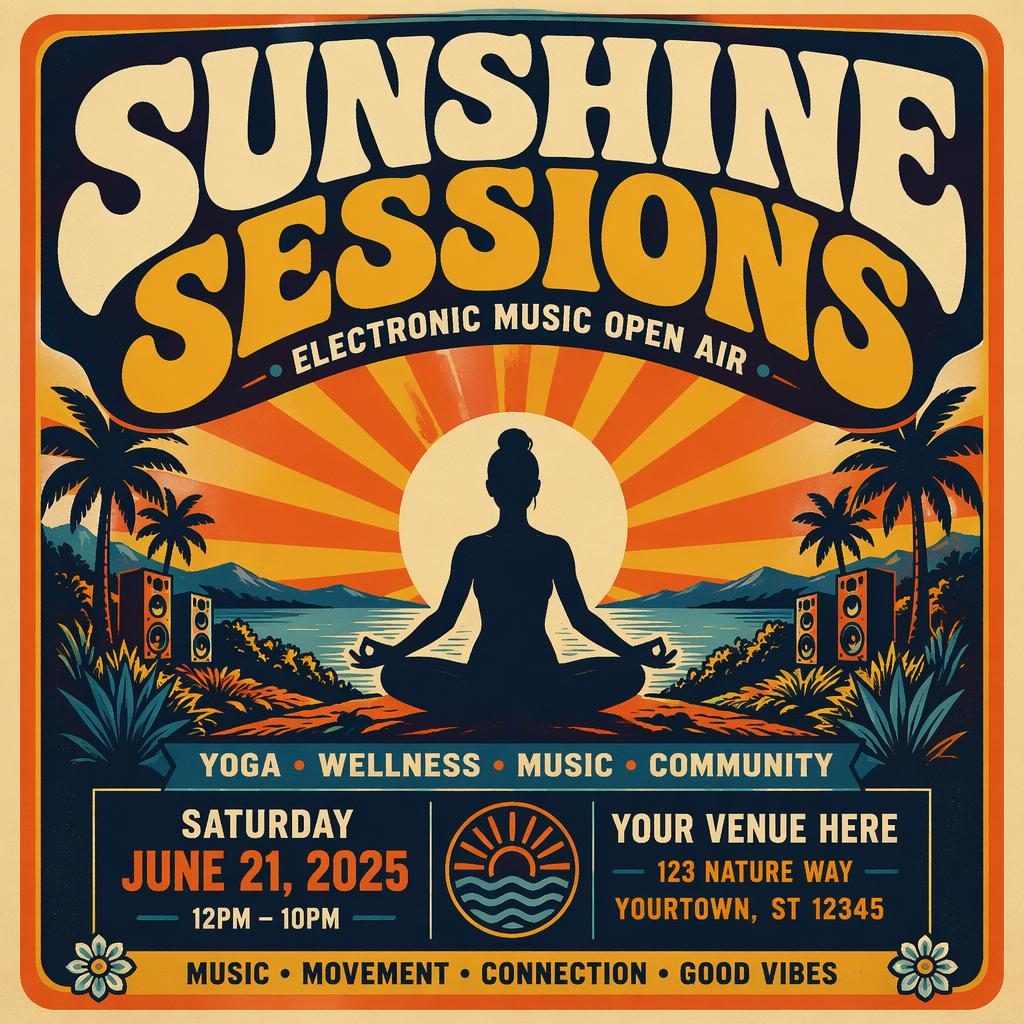 Vintage 1960s-style event poster for an electronic music open air wellness retreat with bold colors and clean placeholder text.