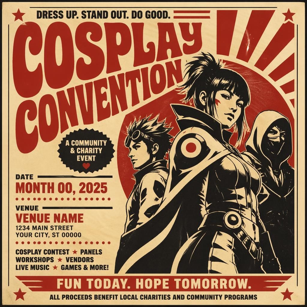 Vintage 1960s-style cosplay convention poster in cream and red with bold typography and sharp event name, date, and venue placeholders.