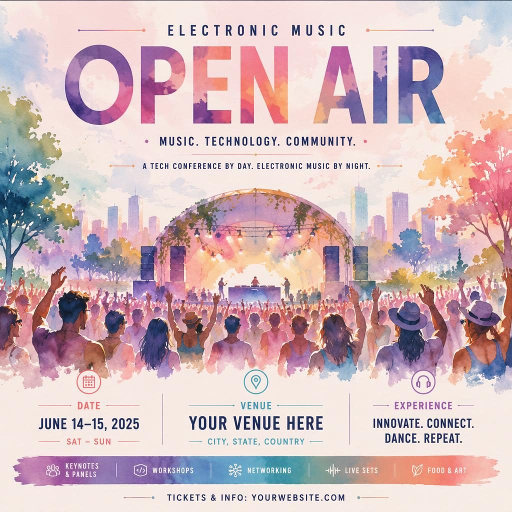 Watercolor event poster for an electronic music open air tech conference with pastel festive design and sharp placeholder text.