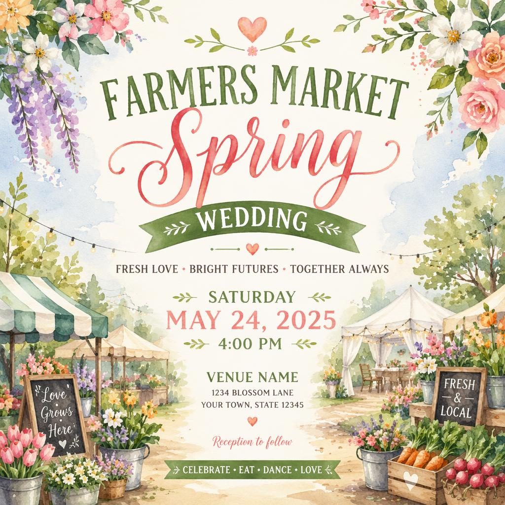 Watercolor event poster for a spring farmers market wedding with pastel florals, festive details, and clean placeholder text.