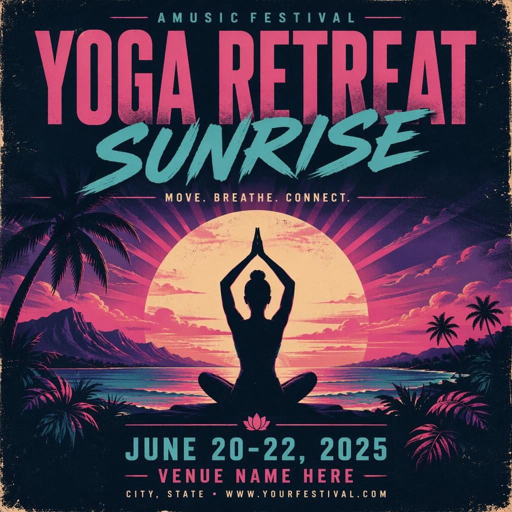 Grunge-style event poster of a sunrise yoga retreat music festival with neon colors, sharp placeholder text, and formal layout.