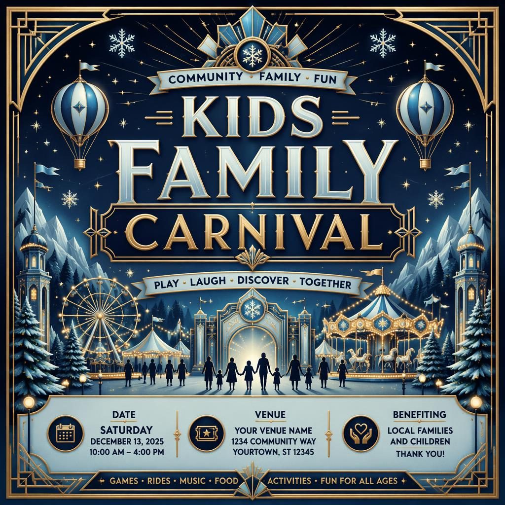 Art deco luxury winter carnival event poster for a kids family charity event with festive ice-blue palette and readable text placeholders.