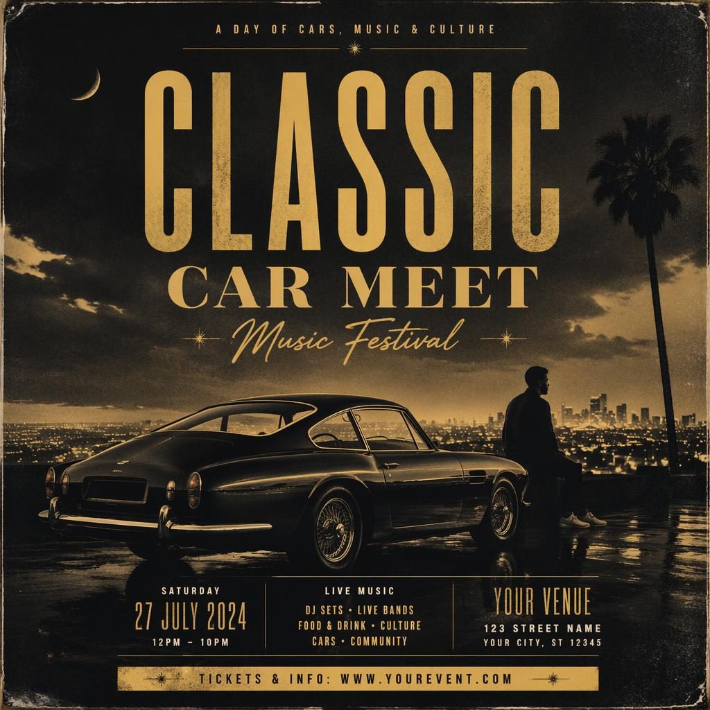 Grunge-style event poster for a classic car meet music festival with black and gold palette and dreamy romantic mood