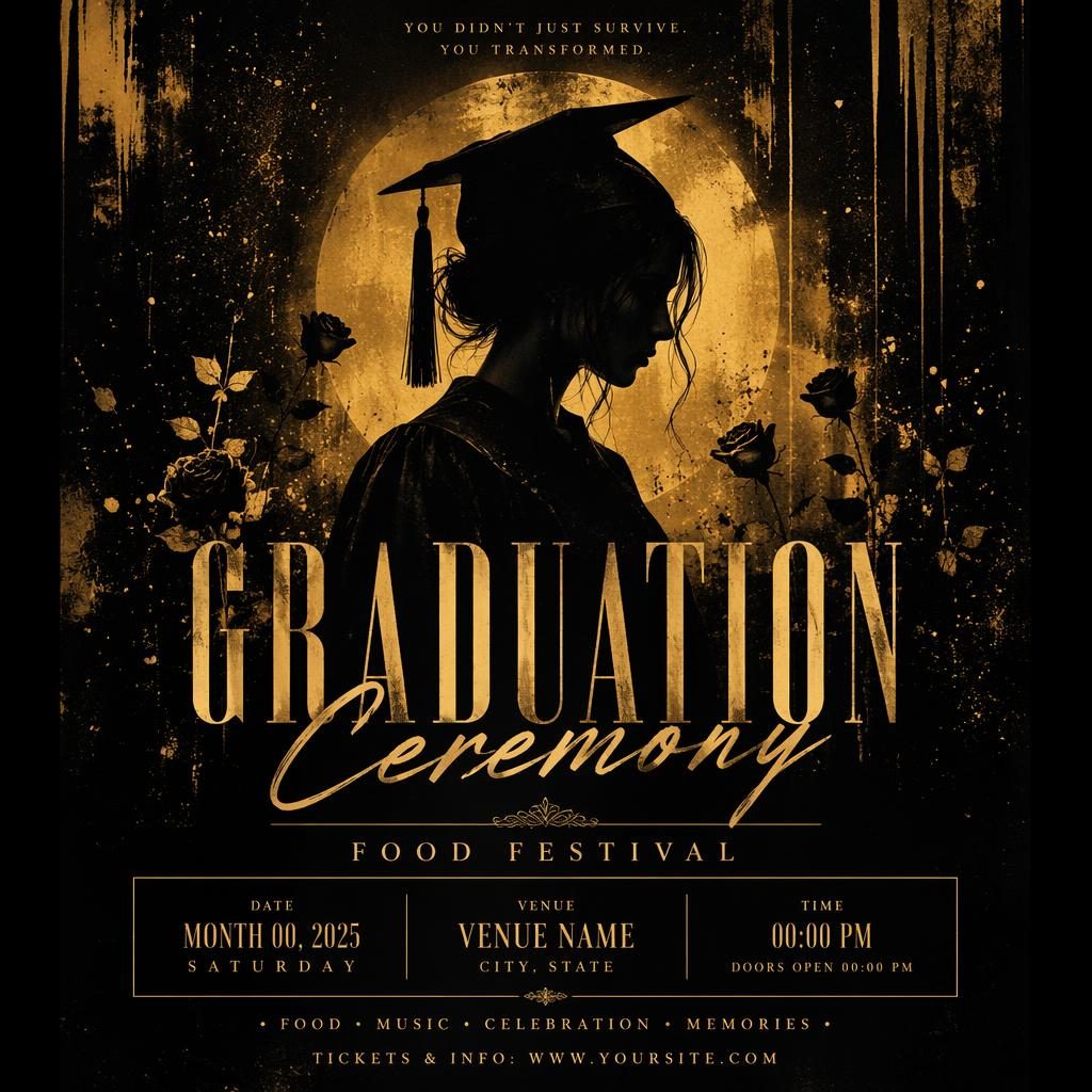 Grunge-style graduation ceremony poster with black and gold palette, dreamy romantic mood, and sharp event text placeholders.