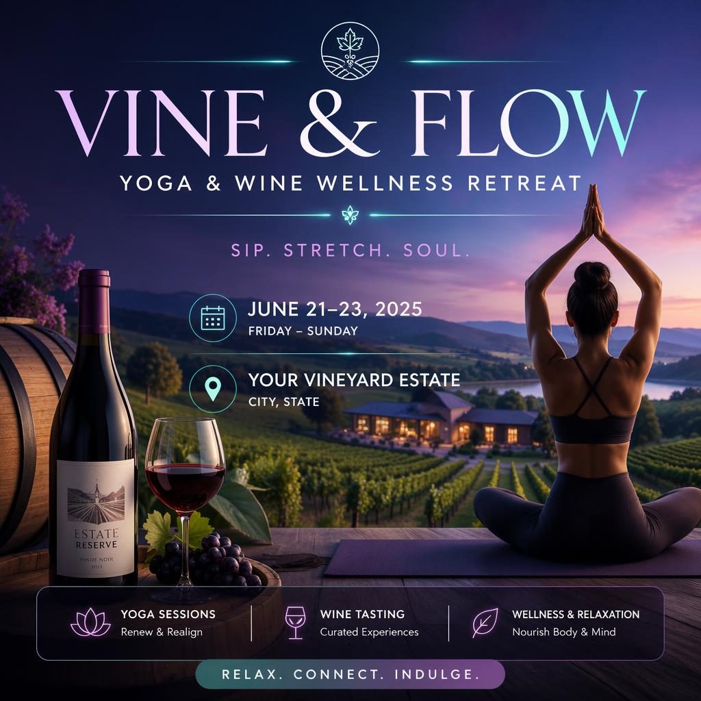 Photographic event poster showing a vineyard wine tasting scene with yoga wellness retreat styling, cool neon overlay, and clean placeholder text.