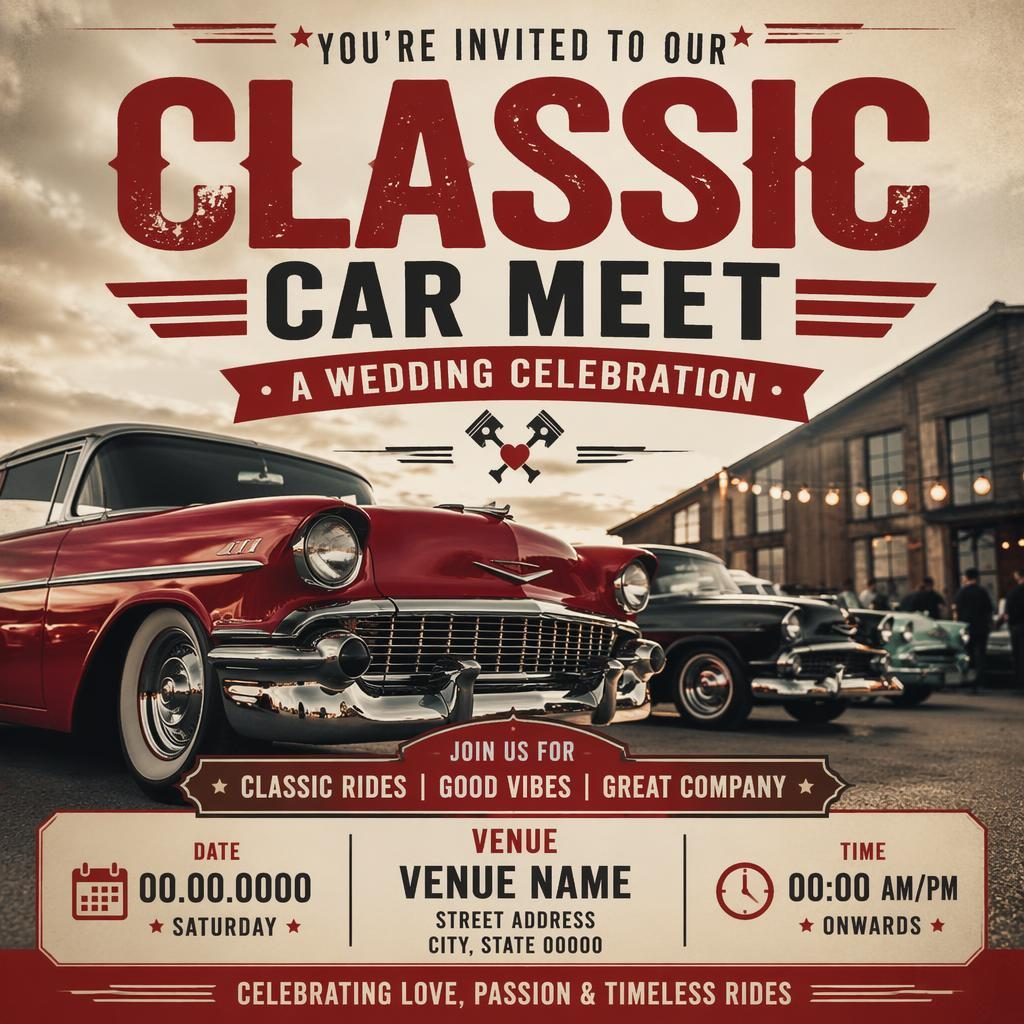 Photographic wedding event poster showing a classic car meet, vintage cream and red overlay, and clean placeholder text.