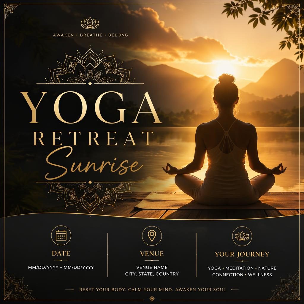 Photographic event poster showing a sunrise yoga retreat scene with elegant black and gold overlay and readable event text.