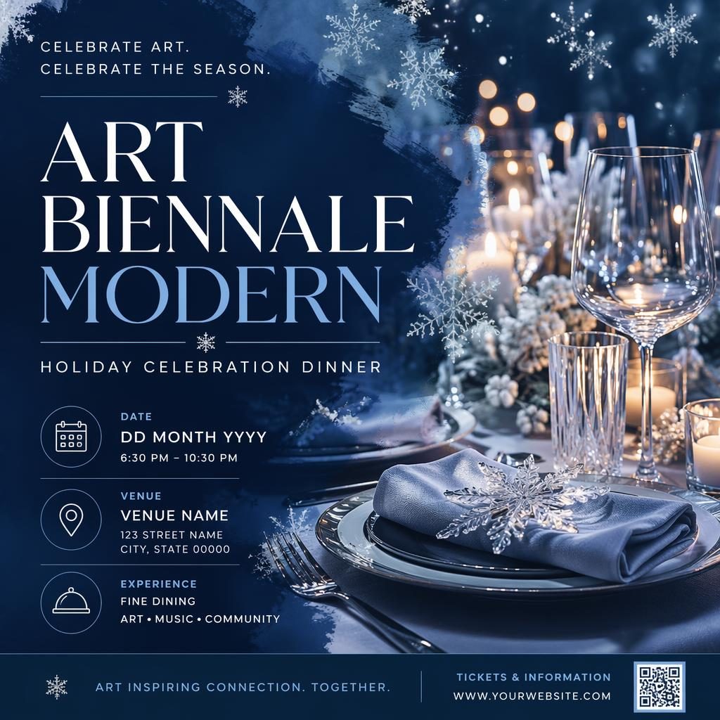Photographic event poster for a modern art biennale holiday celebration with icy winter tones and clean placeholder text.