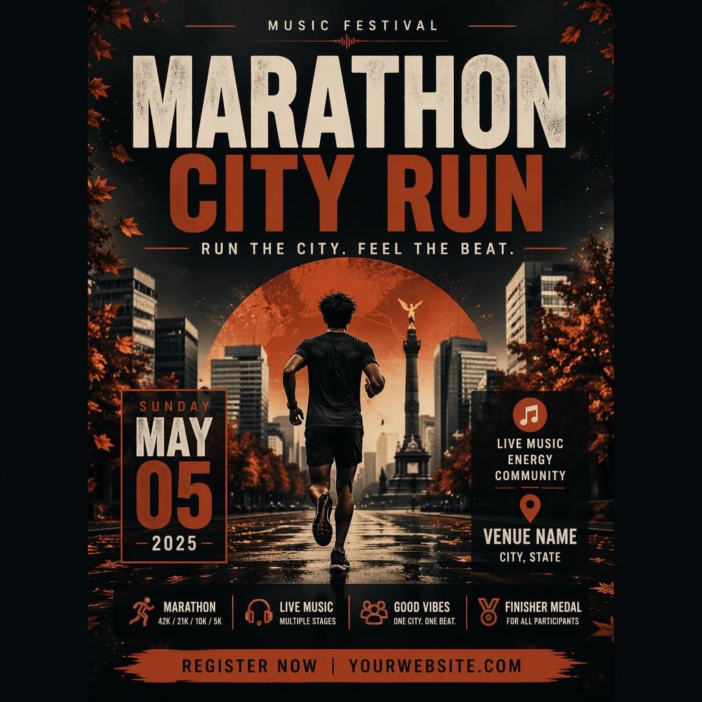 Modern editorial event poster for Marathon City Run with a dark mysterious mood, rust autumn palette, and clean placeholder text.