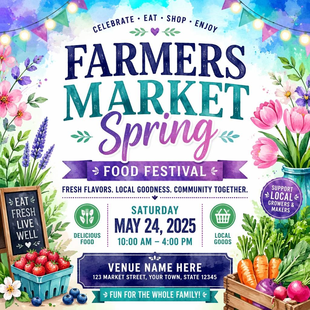 Watercolor event poster for a spring farmers market food festival in a cool neon palette with clean date and venue placeholders.