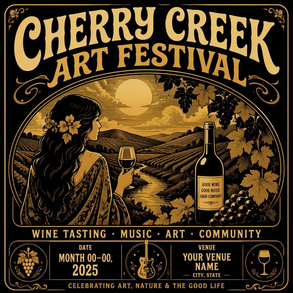 Vintage 1960s-style event poster for a vineyard wine tasting music festival in black and gold with elegant placeholder text.