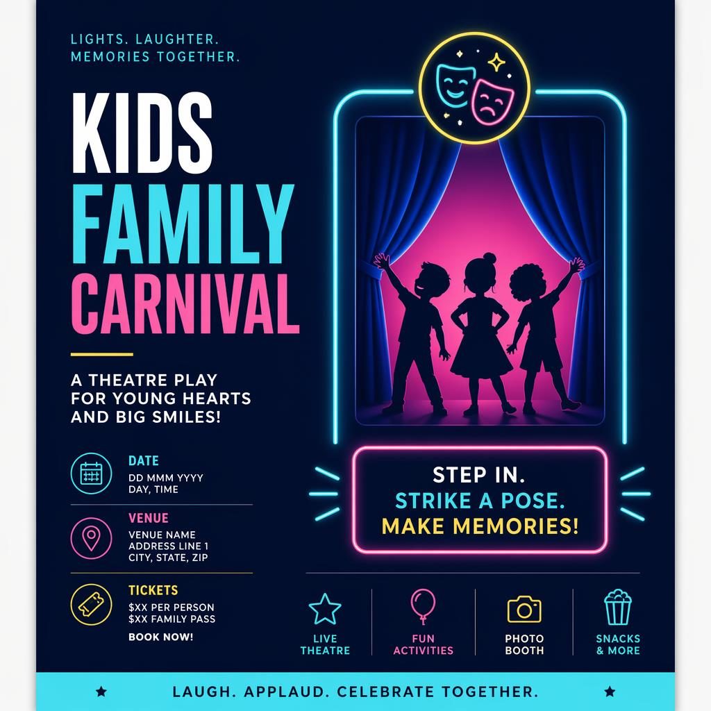 Minimalist Swiss-style event poster for a kids family carnival theatre play in a cool neon palette with clean placeholders.