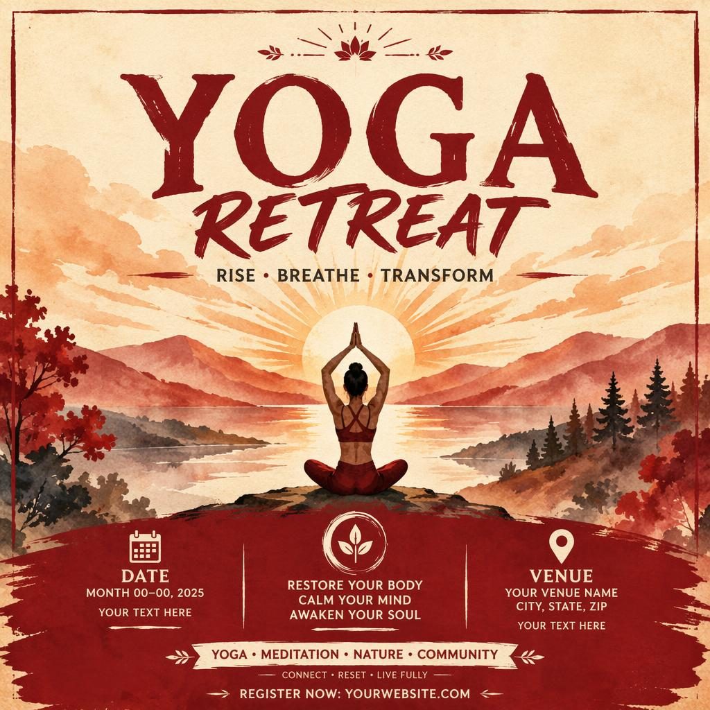 Watercolor event poster showing a sunrise yoga retreat scene with clean placeholder text, vintage cream and red palette, and bold festive layout.