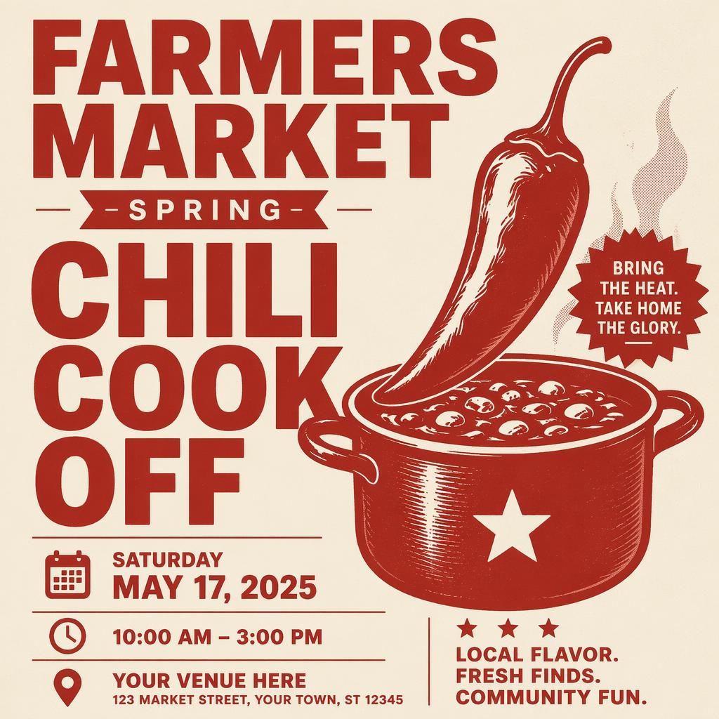 Minimalist Swiss-style event poster for Farmers Market Spring music concert in vintage cream and red with bold typography.
