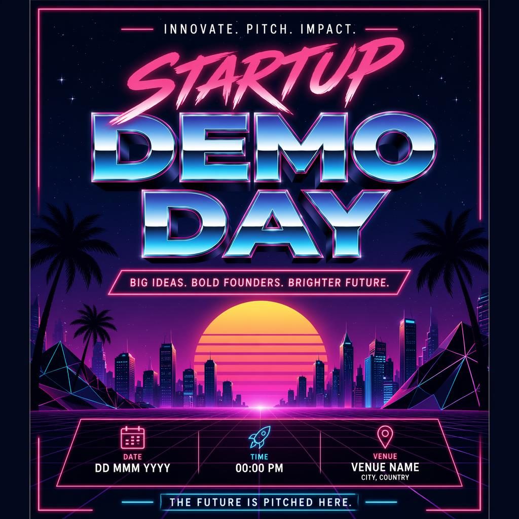 Affiche d’événement startup demo day au style néon rétro des années 1980, palette cool, mise en page formelle et texte placeholder net.