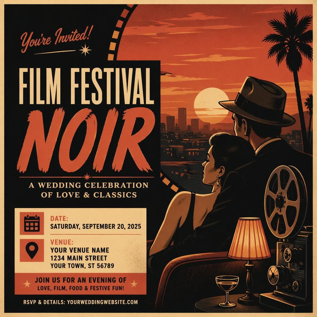 Vintage 1960s-style wedding event poster with film noir mood, warm sunset colors, cozy intimate layout, and sharp placeholder text.