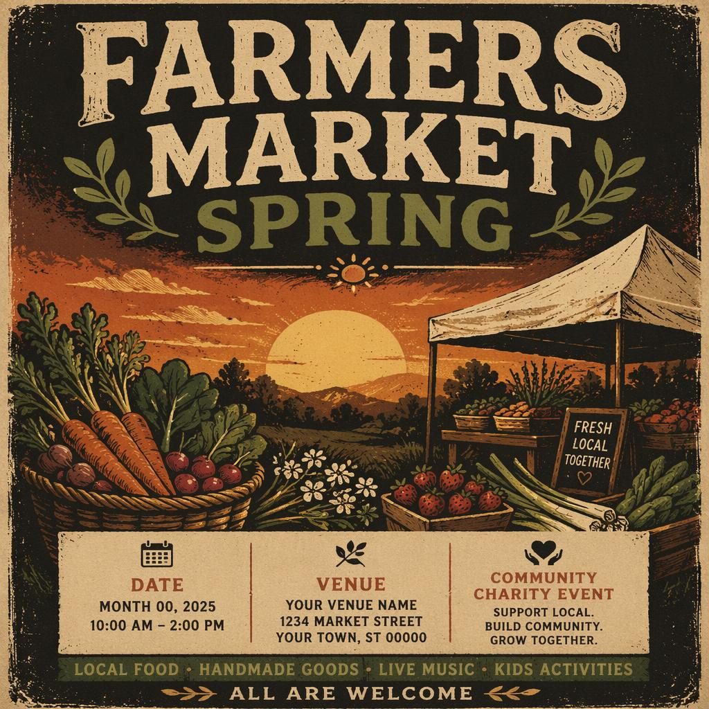 Grunge-style spring farmers market event poster with warm sunset tones, cozy mood, and clean English placeholder text