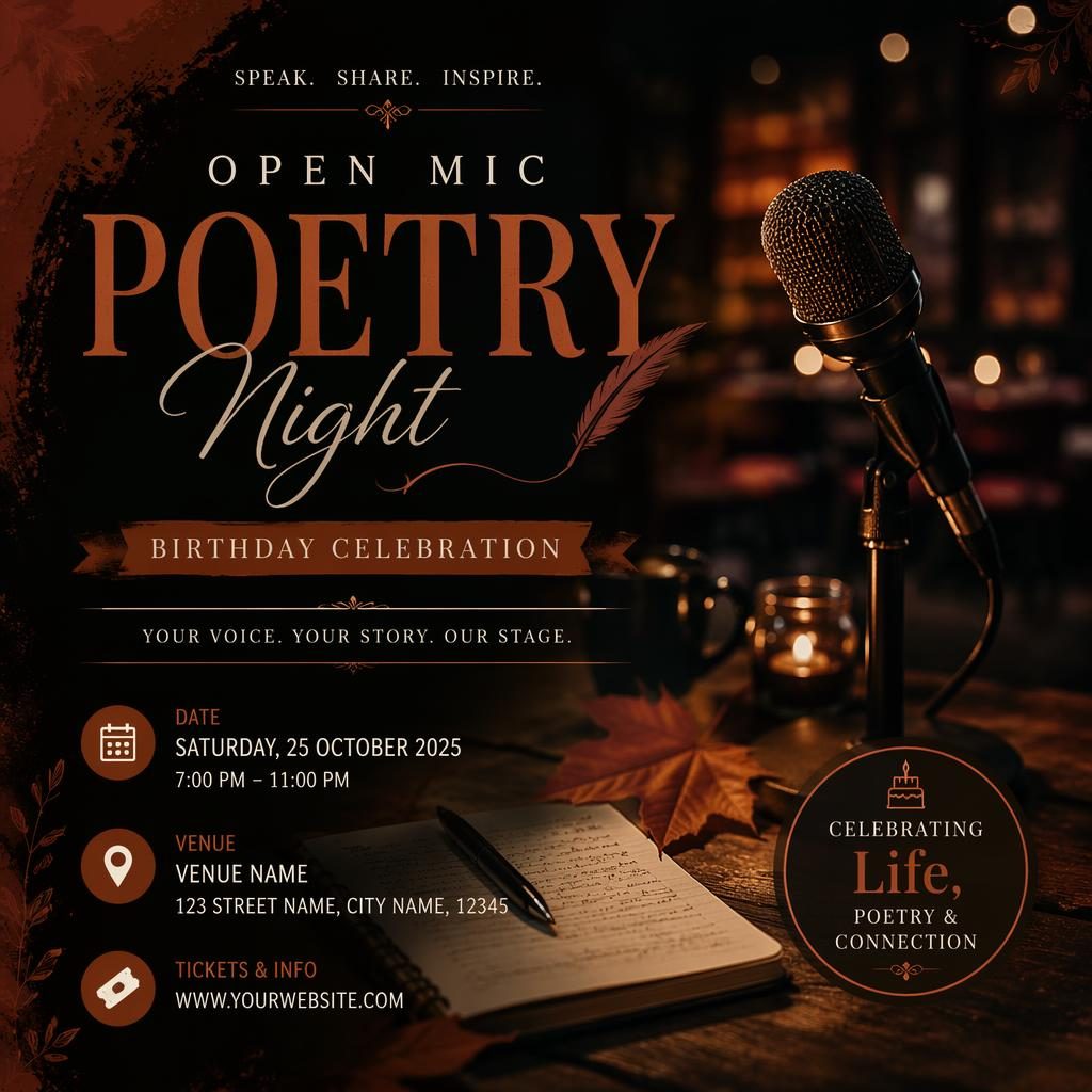 Photographic event poster with dark mysterious mood, autumn rust tones, open mic poetry theme, and clean placeholder text