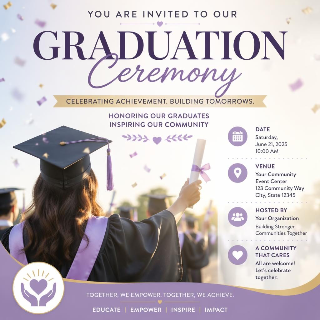 Cartel fotográfico de ceremonia de graduación con ambiente festivo, paleta pastel y textos de fecha y lugar en inglés.