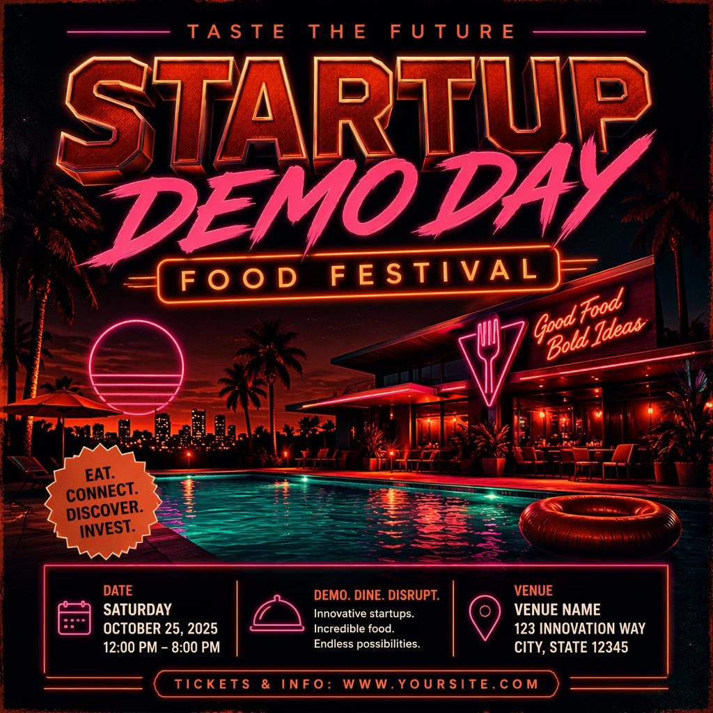 Retro 1980s neon event poster for a startup demo day food festival, with dark mysterious mood, autumn rust tones, and sharp placeholder text.