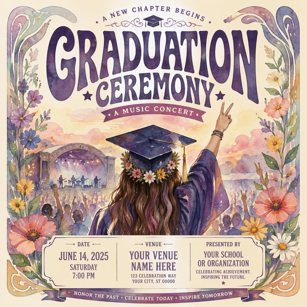 Watercolor graduation ceremony concert poster in soft pastel tones with festive academic motifs and sharp event text placeholders.