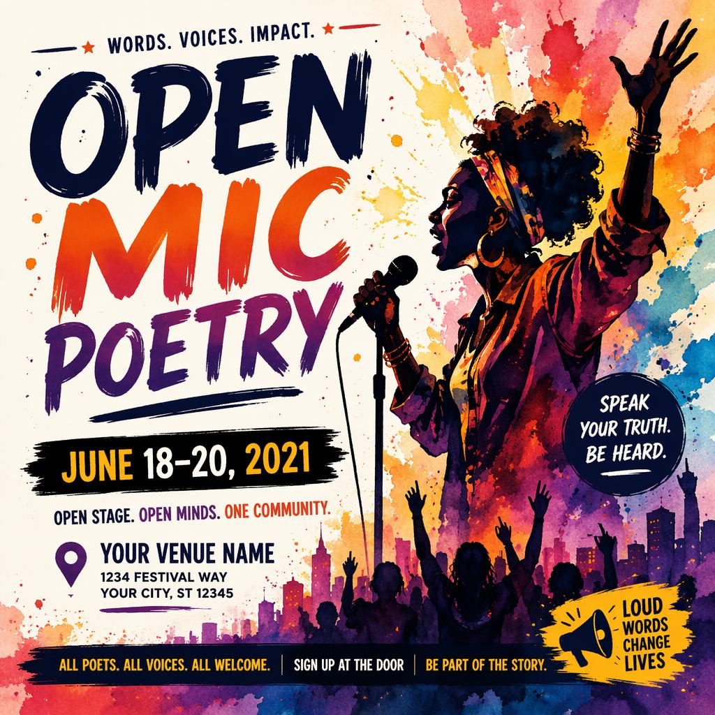 Watercolor event poster for an open mic poetry festival with bold high-contrast colors and clean placeholder text for name, date, and venue.
